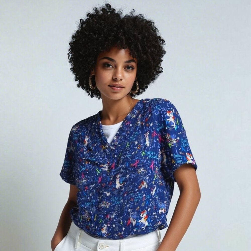 Cherokee Large Blue Scrub Top Unicorn Llama Zebra Ribbon Print Nurse Medical